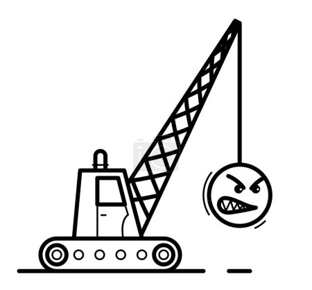 Ilustración de Máquina de demolición con bola de metal de peso con expresión facial de agresión ilustración vectorial humorística aislada sobre fondo blanco. - Imagen libre de derechos