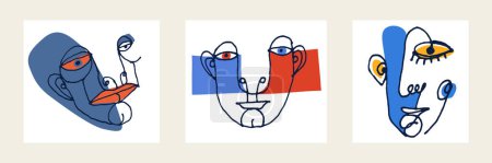 Ilustración de Conjunto de retratos de vectores faciales abstractos, cabeza de hombre de arte abstracción, obra de arte moderna mínima dibujada a mano, abstracción facial humana pintada. - Imagen libre de derechos