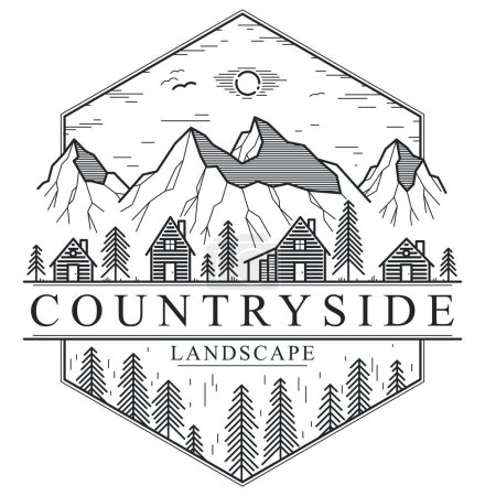 Illustration for Rural village in mountains range linear vector emblem isolated on white, wooden houses in trees forest line art logo, countryside log cabins cottages, travel in wilderness for rest. - Royalty Free Image