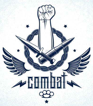 Illustration for Revolution and Riot aggressive emblem or logo with strong clenched fist, weapons and different design elements , vector tattoo, anarchy and chaos, rebel partisan and revolutionary. - Royalty Free Image