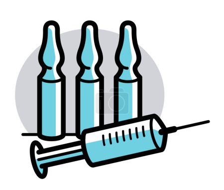 Illustration for Vaccination theme vector illustration of a syringe with ampules isolated over white, epidemic or pandemic coronavirus covid 19 or flu or SARS or any other vaccine, pharmacology concept. - Royalty Free Image