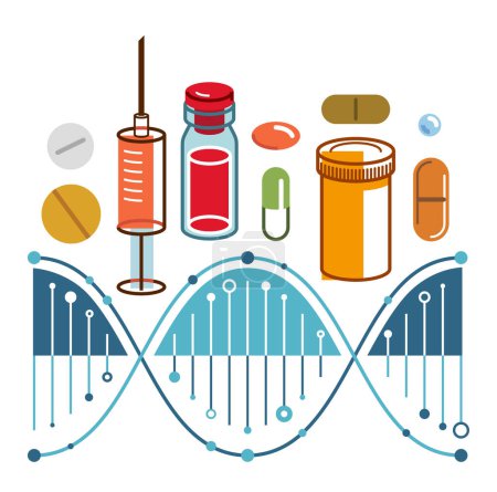 Ilustración de Composición temática médica basada en hebra de ADN con muchos medicamentos e ilustración vectorial aislada, farmacia o biotecnología médica investigación científica. - Imagen libre de derechos