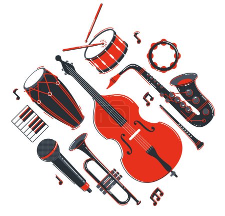 Illustration for Jazz music band concept different instruments vector flat illustration isolated on white background, live sound festival or concert, musician different instruments set. - Royalty Free Image