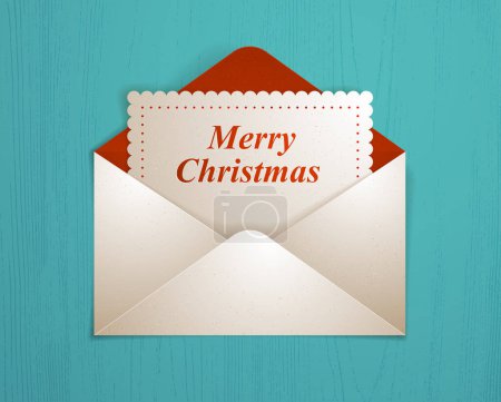 Illustration for Postal envelope with Christmas card over wooden background realistic vector paper illustration, graphic design element message greeting mail. - Royalty Free Image