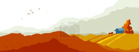 Illustration for Beautiful scenic nature landscape vector illustration autumn season with grasslands meadows hills and mountains, fall hiking traveling trip to the countryside concept. - Royalty Free Image