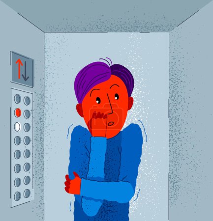 Ilustración de Claustrophobia fear of closed space and no escape vector illustration, boy is closed in elevator and scared in panic attack. - Imagen libre de derechos