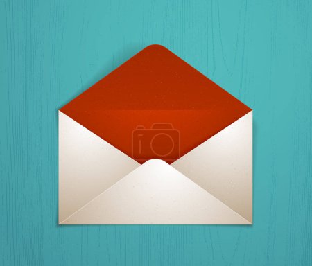 Illustration for Empty postal envelope over wooden background realistic vector paper illustration, graphic design element message greeting mail mockup. - Royalty Free Image