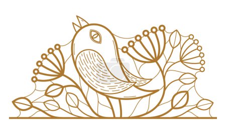 Ilustración de Hermoso pájaro en una rama lineal diseño floral vectorial aislado en blanco, hojas elemento de borde divisor de texto elegante para diseños, emblema clásico de estilo de moda, gráficos vintage de lujo. - Imagen libre de derechos
