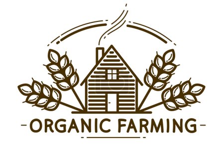 Illustration for Farm house with spikes farming vector emblem or logo isolated on white background, woodhouse and wheat farm agriculture illustration, monochrome linear single-color version. - Royalty Free Image