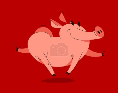 Ilustración de Divertido cerdo de dibujos animados corre feliz e hilarante ilustración vectorial, actividad feliz disfrutando de dibujo de carácter animal porcino
. - Imagen libre de derechos
