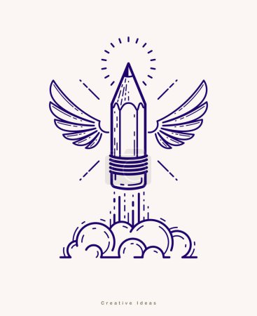 Illustration for Pencil with wings launching like a rocket start up, creative energy genius artist or designer, vector design and creativity logo or icon, art startup. - Royalty Free Image