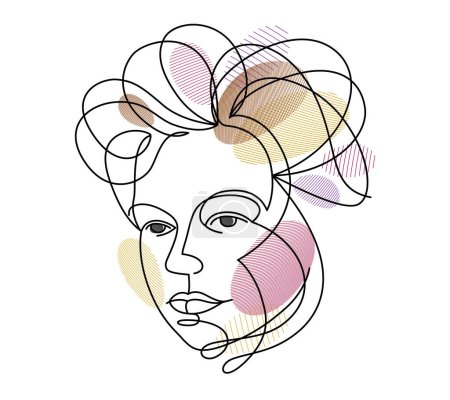 Illustration for Beautiful face of attractive woman vector linear drawing, sensitive emotional line art adult girl portrait, feminine abstract face line art. - Royalty Free Image