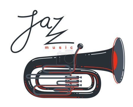 Téléchargez les illustrations : Emblème musical jazz ou logo vectoriel illustration de style plat isolé, logotype tuba pour étiquette d'enregistrement ou studio ou groupe musical. - en licence libre de droit