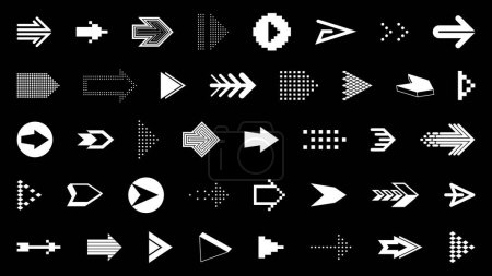 Illustration for Arrow symbols big set of different shapes styles and concepts, cursors for icons or logo creation, single color monochrome logotypes. - Royalty Free Image