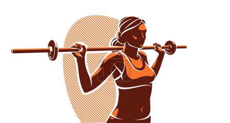 Ilustración de Push the barbell gym and fitness vector illustration of a young attractive woman doing workout exercises with a barbell, perfect muscular athletic body young adult girl sport training. - Imagen libre de derechos