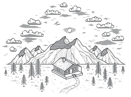 Illustration for Cabin in mountains linear vector nature illustration isolated on white, log cabin cottage for rest in pine forest, holidays and vacations theme line art drawing. - Royalty Free Image