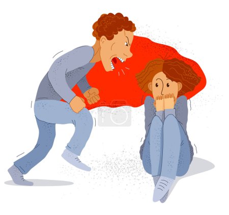 Illustration for Abusive husband vector illustration, bad family man scream and shout on scared woman his wife, domestic violence, despotic husband, psychological violence abuse, alcoholism and aggression. - Royalty Free Image