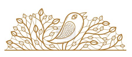 Illustration for Beautiful bird on a branch linear floral vector design isolated on white, leaves elegant text divider border element for layouts, fashion style classical emblem, luxury vintage graphics. - Royalty Free Image