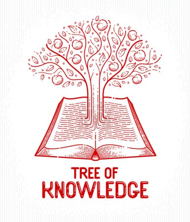 Tree growing from text lines of an open vintage book education or science knowledge concept, educational or scientific literature library vector logo or emblem. 