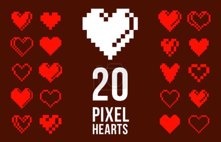 Ilustración de 8bit pixel corazones vector logos o iconos conjunto, juego retro de 90 8 bits estilo corazón símbolos colección, diseño gráfico elementos elegantes. - Imagen libre de derechos