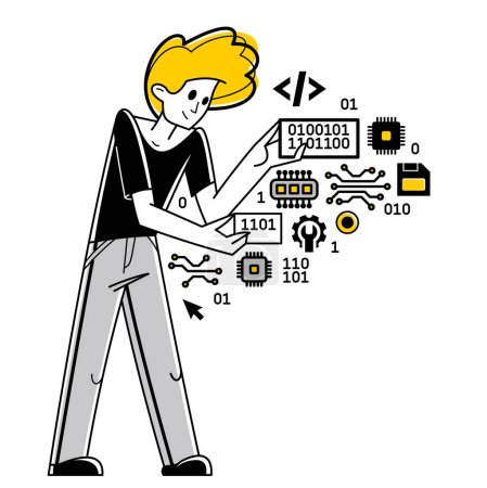 Illustration for Computer engineer in work vector outline illustration, programmer and system administrator doing his job with some operating system, - Royalty Free Image