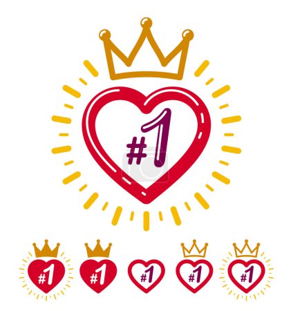Illustration for First place vector badge awards set in a shape of heart, graphic design geometric simple emblems sticker number one collection, business success and victory theme labels, classical style icons. - Royalty Free Image