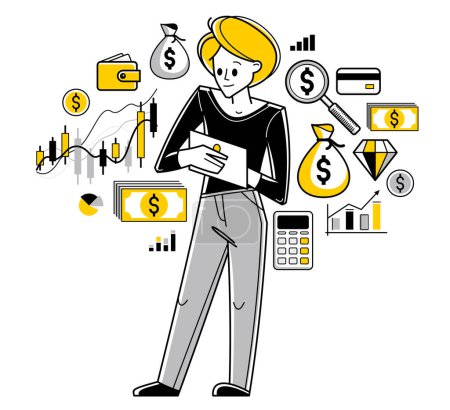 Illustration for Financier working with finances online vector outline illustration, investment and tax and budget managing online on a web or mobile, funds administration. - Royalty Free Image