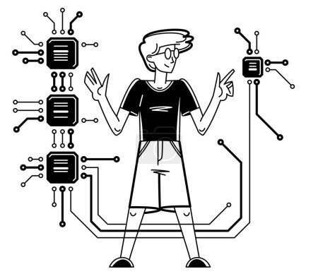 Téléchargez les illustrations : Electronic repair circuit boards computer hardware engineer doing job, vector illustration of young person working with motherboard and processors, electronic technology. - en licence libre de droit