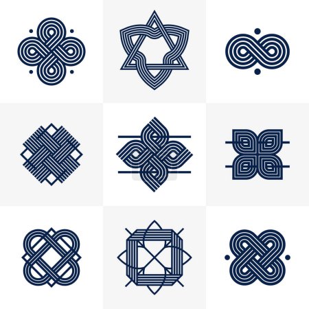 Ilustración de Abstract geometric linear symbols vector set, graphic design elements for logo creation, intertwined lines vintage style icons collection. - Imagen libre de derechos