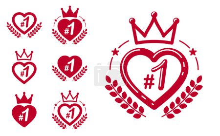 Illustration for Heart shaped first place number one business success and triumph vector labels set isolated over white, graphic design elements, geometric vintage classic emblems collection, simplistic old style icons. - Royalty Free Image