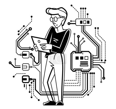 Téléchargez les illustrations : Sysadmin repairing hardware vector outline illustration, system administrator computer engineer working with circuit boards motherboard and processor, server pc technology. - en licence libre de droit