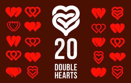 Ilustración de Doble dos corazones vector iconos o logotipos conjunto, boda y pareja concepto romántico tema, cuidado y unión, dos corazones conectados. - Imagen libre de derechos