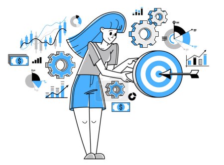 Illustration for Business goal vector outline illustration, business strategy entrepreneur woman developing and managing his plan, motivation and target. - Royalty Free Image