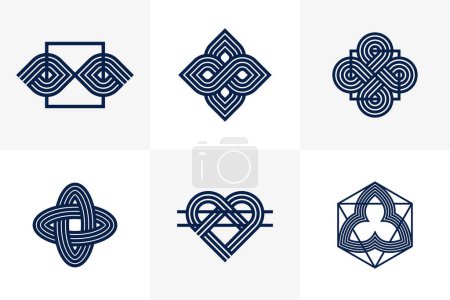 Ilustración de Intertwined lines vintage style icons collection, abstract geometric linear symbols vector set, graphic design elements for logo creation. - Imagen libre de derechos