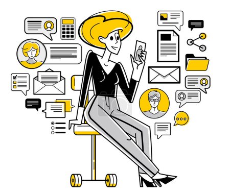 Illustration for Phone working online person doing some job vector outline illustration, smartphone remote virtual working freelancer or a part of coworking team. - Royalty Free Image