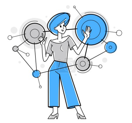 Illustration for Inspired inventive designer or engineer composing abstract elements, creative worker doing some job and creating some system, vector outline illustration. - Royalty Free Image