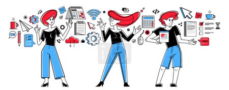 Téléchargez les illustrations : Office workers team doing everyday job vector outline illustration, career in company for employees, business and paperwork, managers. - en licence libre de droit