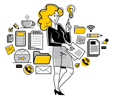 Illustration for Office worker doing everyday job vector outline illustration, career in company for employee, business and paperwork, manager. - Royalty Free Image
