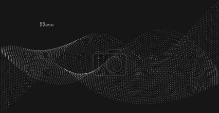 Téléchargez les illustrations : Pois gris en mouvement vecteur abstrait fond sur noir, matrice de particules flux ondulé, lignes courbes de points en mouvement, illustration de la technologie et de la science. - en licence libre de droit