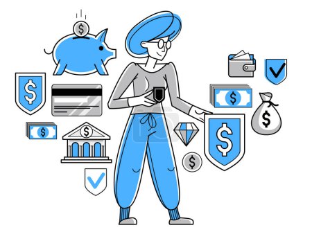 Téléchargez les illustrations : Financial protection and security vector outline illustration, bank worker woman is doing his job on financial safety, insurance and risk, secured shield. - en licence libre de droit