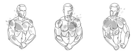 Illustration for Athletic man torso vector linear illustrations set, male beauty with perfect muscular fit body posing, artistic drawings of fitness model. - Royalty Free Image