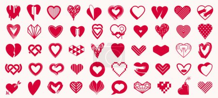 Téléchargez les illustrations : Collection de logos ou icônes vectoriels de coeurs, formes de coeur de différents styles et concepts symboles, amour et soins, santé et cardiologie, géométrique et basse poly. - en licence libre de droit