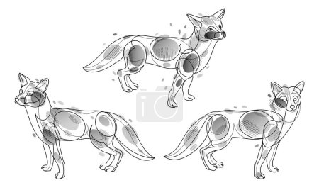 Ilustración de Red fox linear vector illustrations set isolated, cute wild animal wildlife adorable canine, monochrome artistic drawings. - Imagen libre de derechos