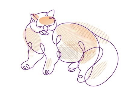 Illustration for Fat and lazy cat line art vector illustration, linear drawing of pussycat relaxing, minimal outline sketch of cute domestic pet. - Royalty Free Image