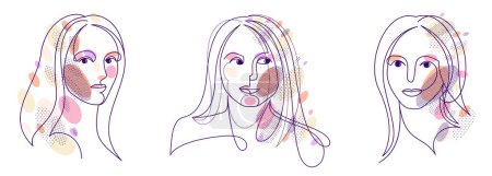 Illustration for Woman beauty face vector linear illustrations set, delicate line art of attractive girl portraits collection, abstract feminine drawings minimal style isolated. - Royalty Free Image