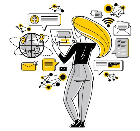 Illustration for Working online person doing some creative job vector outline illustration, remote virtual working freelancer or a part of coworking team. - Royalty Free Image