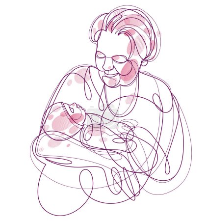 Illustration for Grandmother and baby child grandson or granddaughter vector linear illustration isolated, grandma holding baby showing love and care. - Royalty Free Image