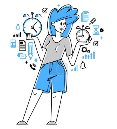 Ilustración de Business worker planning tasks and create time management vector outline illustration, productivity multitask prioritization, deadline and zero hour. - Imagen libre de derechos