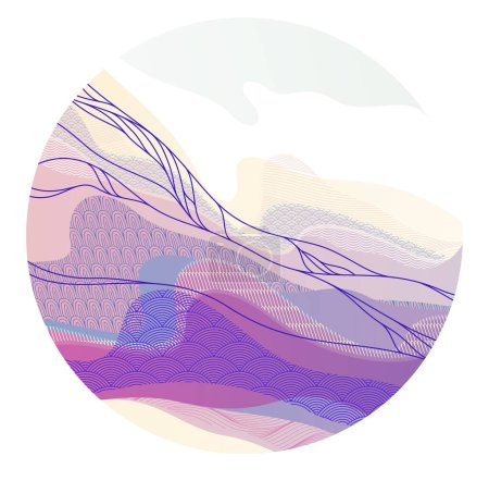 Ilustración de Abstracto oriental japonés arte vector fondo en una forma de círculo, diseño de estilo tradicional, formas onduladas y montañas terreno paisaje, escurridizo como líneas de mar. - Imagen libre de derechos
