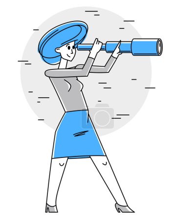 Illustration for Young woman looking for opportunities using spyglass vector outline illustration, leader entrepreneur search for benefit in telescope, future strategy for commerce. - Royalty Free Image